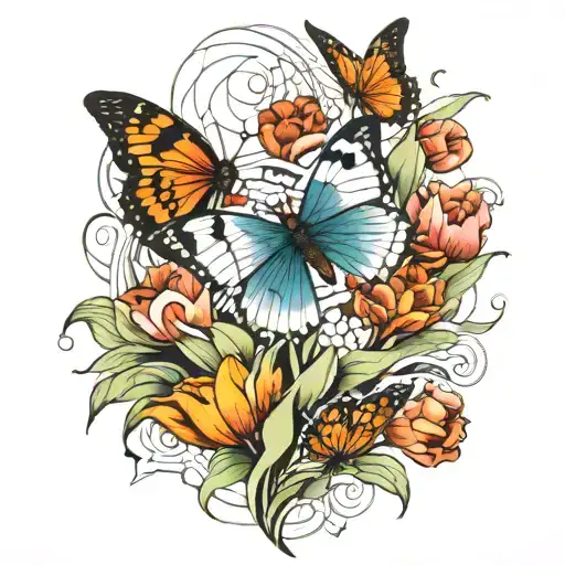 a design with tulips, butterflies, cracks, and geometric shapes  tattoo design idea