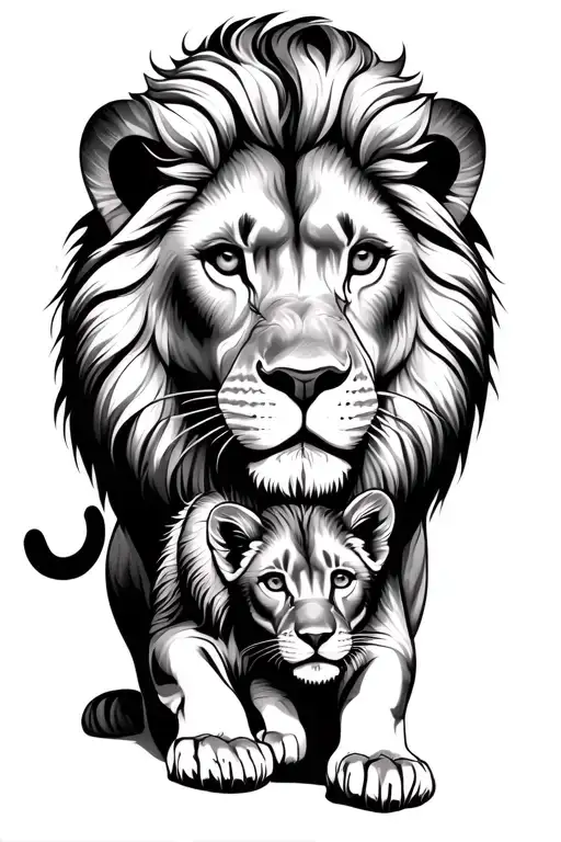 lion protecting wife and cub looking tattoo design idea