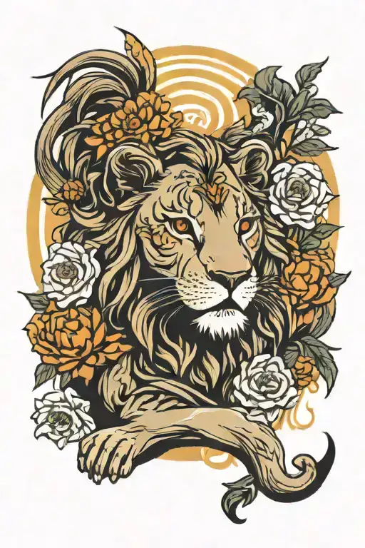 A Lion with a flower garland in its mane. Lioness and Lion cub have a sun flowers in their hair tattoo design idea