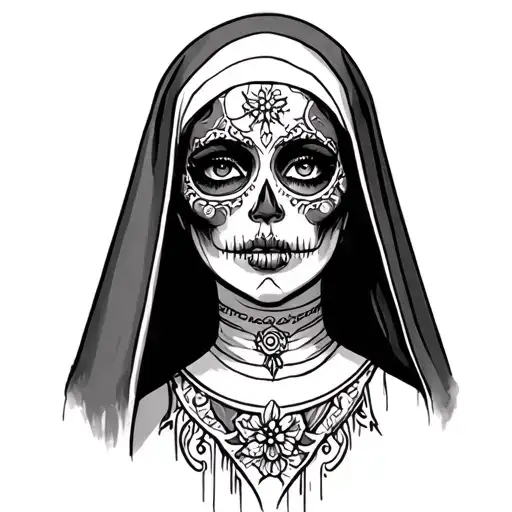 Tattoo sketch of a beautiful nun with Santa Muerte features tattoo design idea