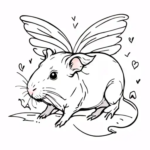 "Viola" hairless guinea pig with fairy wings flying towards tattoo design idea
