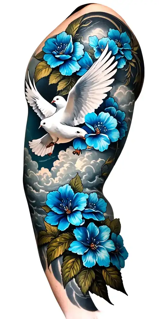 Deceased older brother memorial full sleeve tattoo for arm , blue flowers , clouds , doves  tattoo design idea