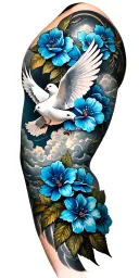 Deceased older brother memorial full sleeve tattoo for arm , blue flowers , clouds , doves  tattoo design idea