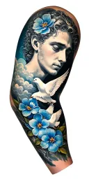 Deceased older brother memorial full sleeve tattoo for arm , blue flowers , clouds , doves  tattoo design idea