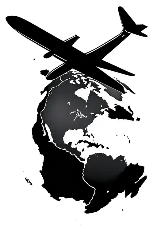 world map and an airplane flying over a world tattoo design idea