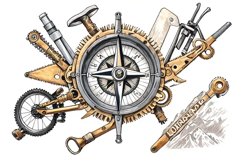 Create a mechanical steampunk-inspired tattoo featuring a compass as the centerpiece, surrounded by construction tools and mountain biking elements tattoo design idea