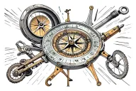 Create a mechanical steampunk-inspired tattoo featuring a compass as the centerpiece, surrounded by construction tools and mountain biking elements tattoo design idea