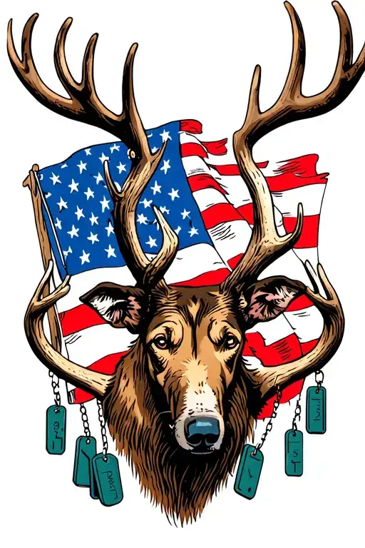 American flag and dog tags hanging off of antlers tattoo design idea