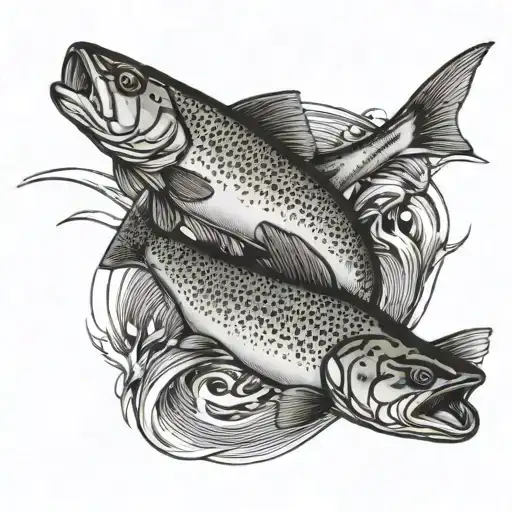 swimming rainbow trout, dark lines, heavy shading. view from above tattoo design idea