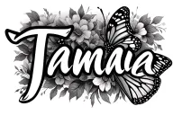the name Tania with a butterfly landing on the T  tattoo design idea