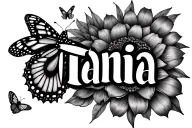 the name Tania with a butterfly landing on the T  tattoo design idea