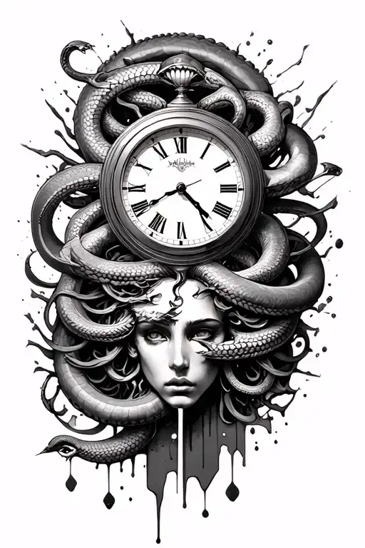 Abstract surreal arm sleeve with a broken clock melting into geometric shapes, interwoven with a Medusa face and snakes tattoo design idea