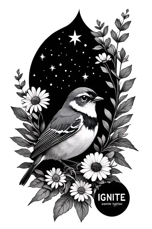 wildflowers, stars, the words IGNITE, sparrow tattoo design idea