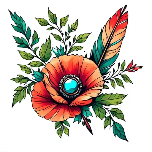 feathers, green leaves and vines, poppy flowers, turquoise western jewelry and arrow tattoo design idea