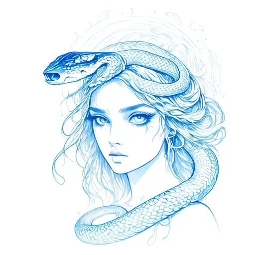 OPHIUCHUS Woman God Snake Bright eyes blue colour tattoo design idea