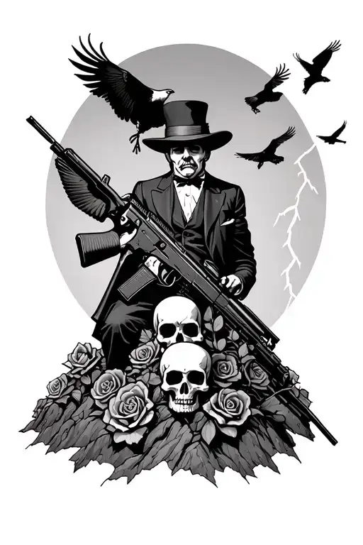 monopoly man with ak 47 on mountain made of skulls and roses with vultures flying overhead and lightning  tattoo design idea