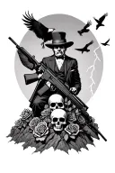monopoly man with ak 47 on mountain made of skulls and roses with vultures flying overhead and lightning  tattoo design idea