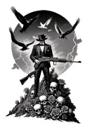 monopoly man with ak 47 on mountain made of skulls and roses with vultures flying overhead and lightning  tattoo design idea