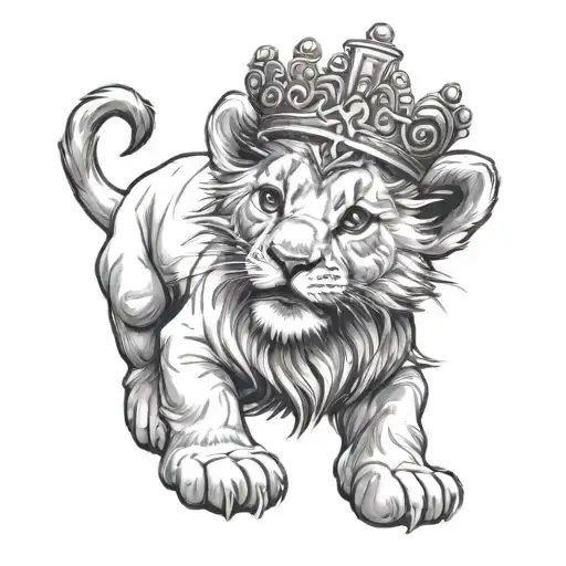 A lion cub with a prayer crown on its belly. tattoo design idea