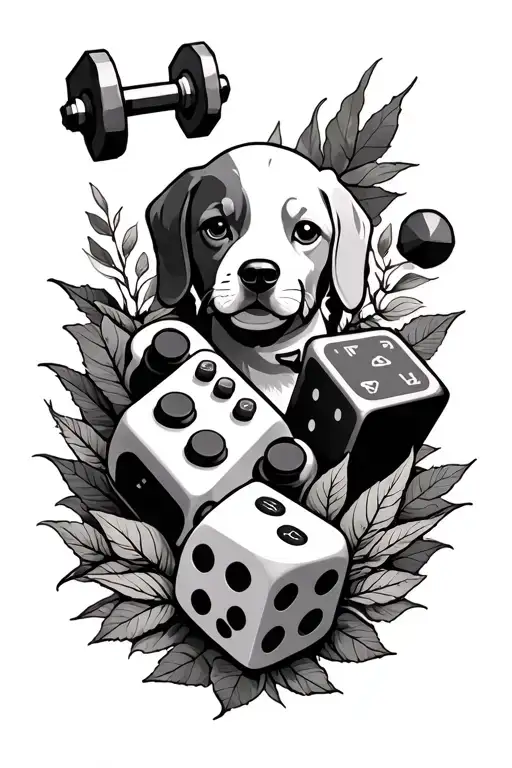 nature and geometry tattoo with these elements present and connected somehow: D&D dice, Joystick, dumbbell, dog, child tattoo design idea