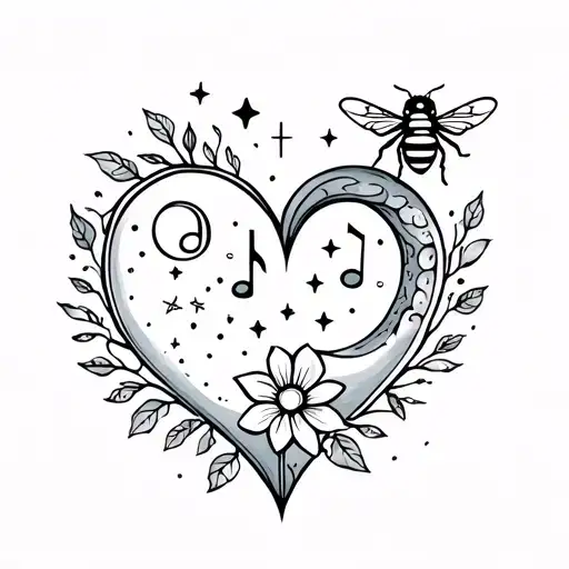 fine line celestial heart, with stars, moon, bee, music note and a flower tattoo design idea