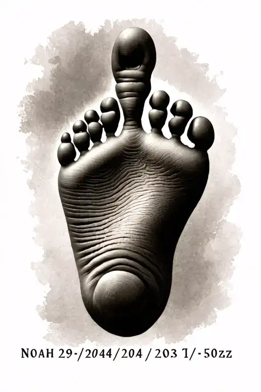 "Noah 29/04/2025 7lb 15oz" baby foot print tattoo design idea