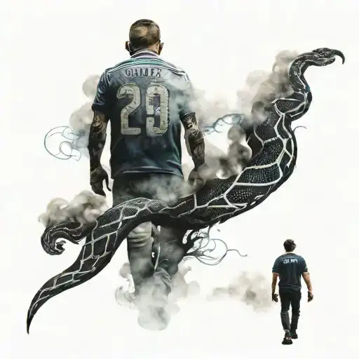 Me and my uncle walking from behind towards the san siro stadium in a smoky atmosphere with a black and blue snake tattoo design idea