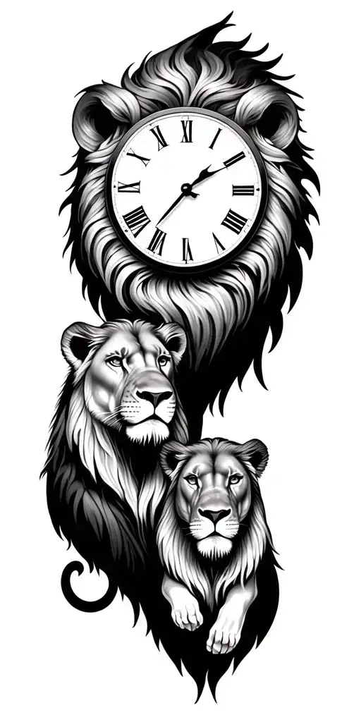 Lion Family Evolution Love Strength Power Gladiator Peace Humility Moon Clock Time Nature tattoo design idea