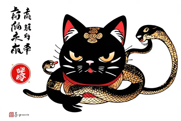 maneki neko with snake tattoo tradi japanese style tattoo design idea