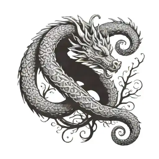 The Ouroboros dragon wraps itself around a tree in the form of an infinity sign tattoo design idea