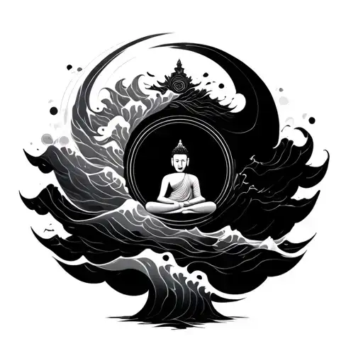 Enso circle with waves and a buddha inside circle tattoo design idea