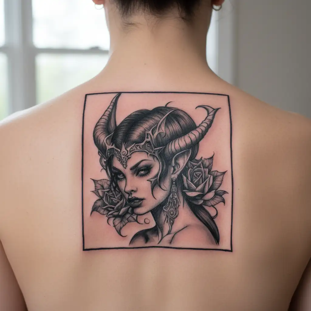 Design a tattoo of a succubus in a classic black and grey portrait style tattoo design idea