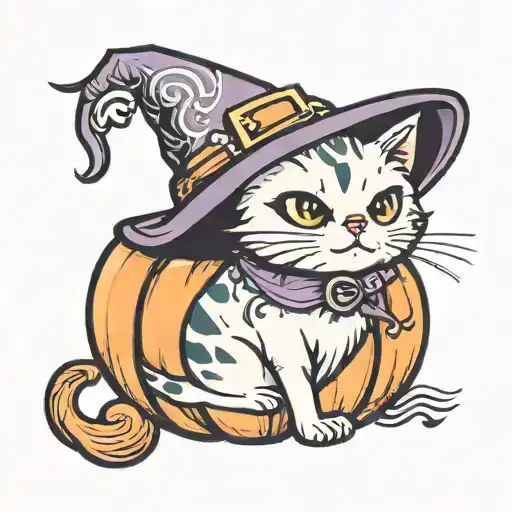 halloween kawaii cat wearing a witch hat inside a pumpkin tattoo design idea