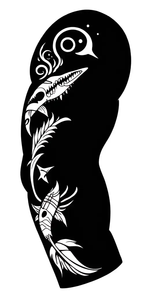 Polynesian arm sleeve incorporating shark teeth, half-moon, spear, Koi, and spirals  tattoo design idea