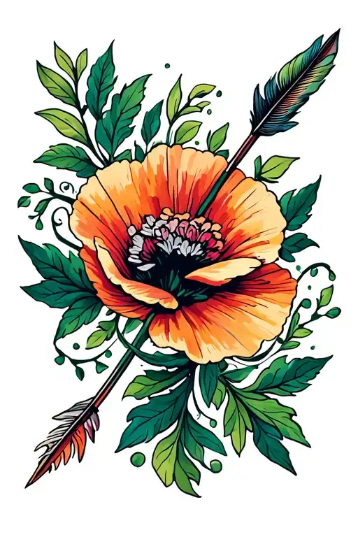 arrow, one small poppy flower, fall flowers, green leaves, vines swirling downwards, feathers in curve shape tattoo design idea
