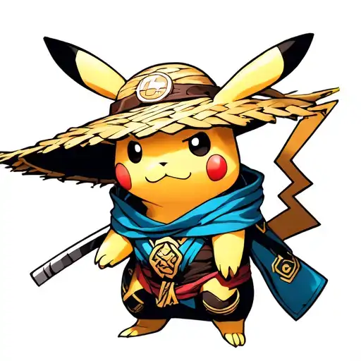 "raiden" pokemon pikachu wearing a mortal kombat raiden with japanese straw hat costume tattoo design idea