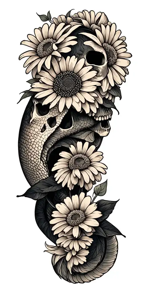 black mamba daisy and skull surrounded tattoo design idea