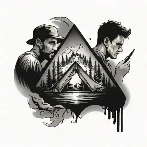 tent within in a flat, three guys tattoo design idea