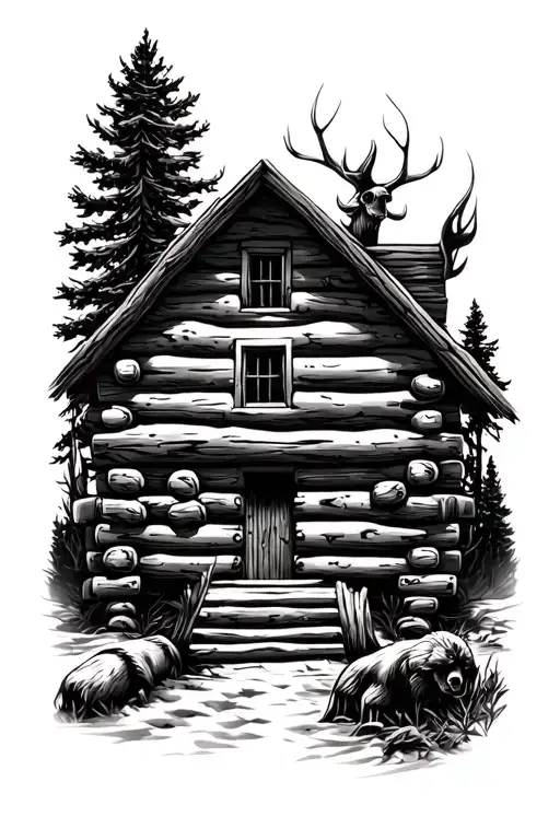log cabin and hunting scene tattoo design idea