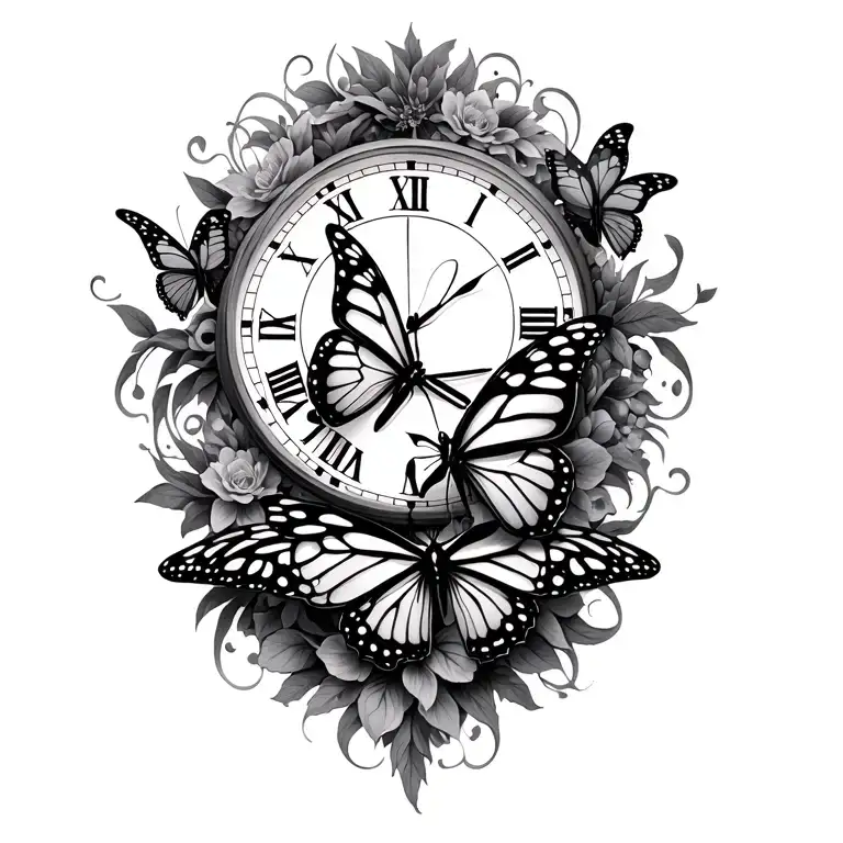 A beautiful black and grey tattoo featuring intricate patterns of butterflies and clock elements, representing the client's love for nature and the passage of time tattoo design idea