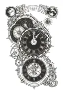 flat earth map with clock and sun and moon phases tattoo design idea