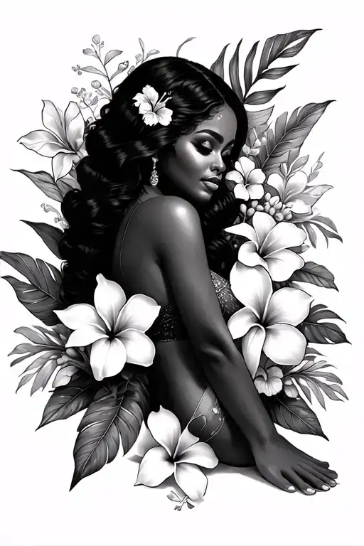 Shanice elegantly placed on the foot and ankle, surrounded by lots of Hawaiian flowers like hibiscus, plumeria, and mayb tattoo design idea