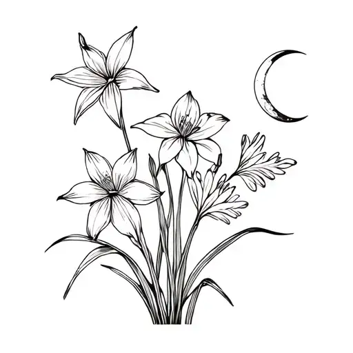 flower bouquet with 2 jonquil flowers, 1 larkspur flower, and 2 Gladiolus flowers with some sort or moon somewhere  tattoo design idea