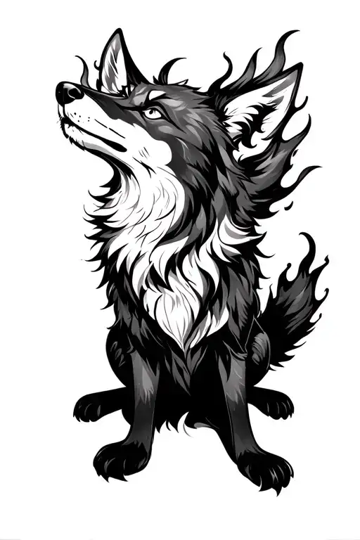 A cross between a fox and a wolf, sitting and looking up. It must have three flaming tails. tattoo design idea