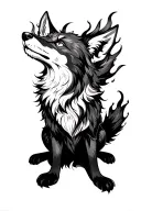 A cross between a fox and a wolf, sitting and looking up. It must have three flaming tails. tattoo design idea
