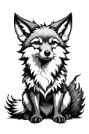 A cross between a fox and a wolf, sitting and looking up. It must have three flaming tails. tattoo design idea