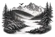 mountains trees stream birds tattoo design idea