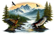 mountains trees stream birds tattoo design idea