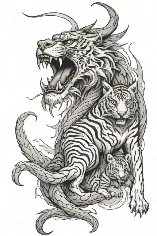 Dragon + wolves + bengal tigers man body tattoo design idea