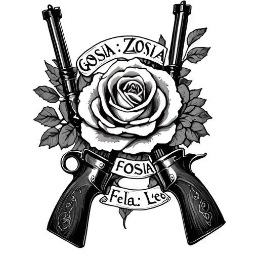 Guns and Roses with text Gosia Zosia Fela Leo tattoo design idea